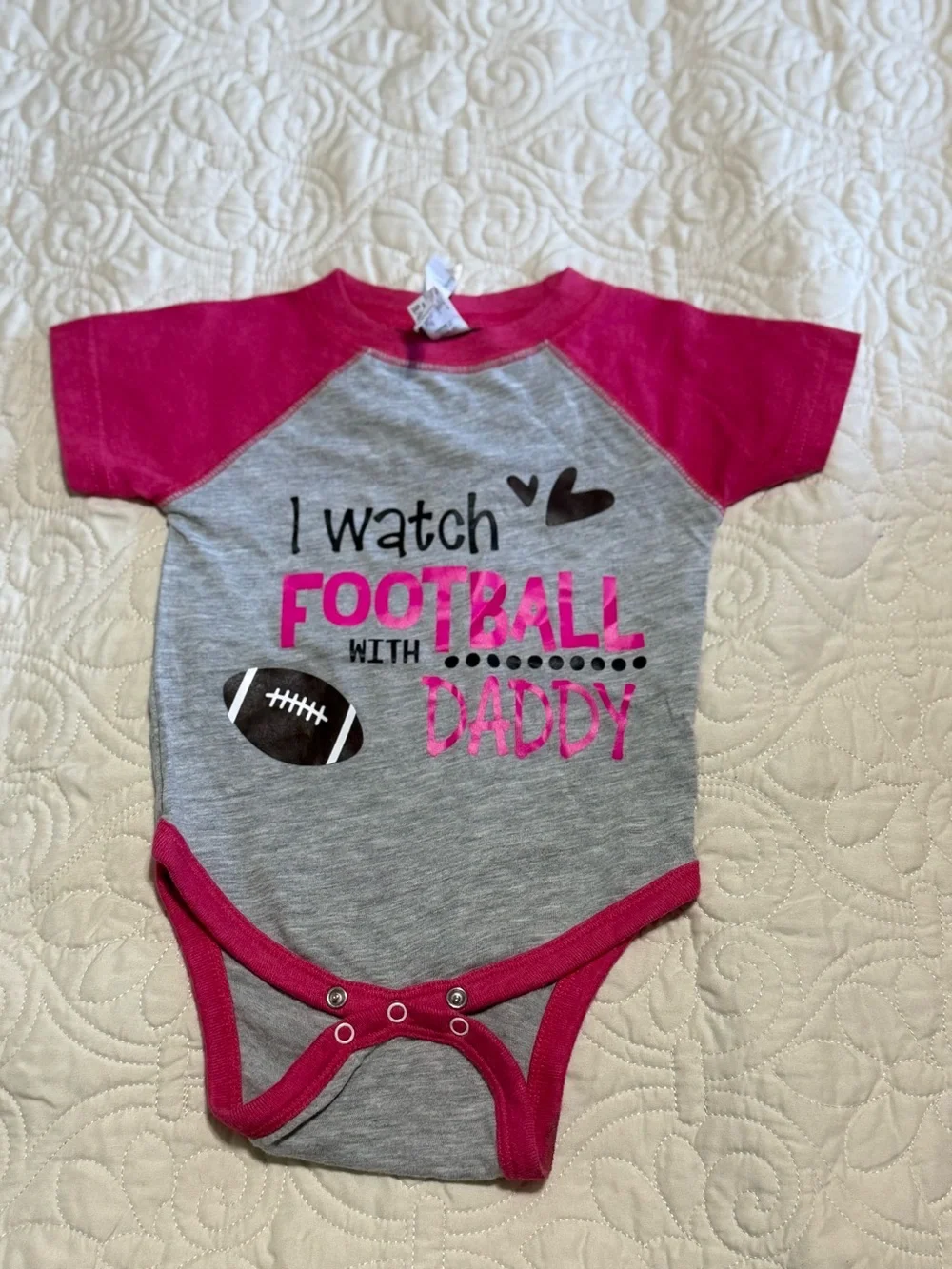 Hot Pink and Gray Football themed onesie “I Watch Football With Daddy” baby